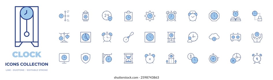 Clock icons collection. Line Duotone style, editable stroke. expired, time management, payment, balance, time, clock, tower clock.