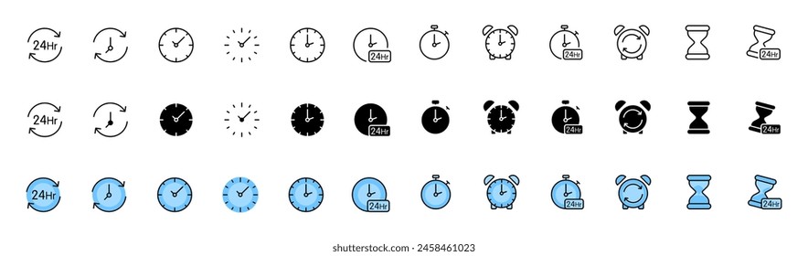Kollektion der Uhrensymbole. Linear, Silhouette und flacher Stil. Vektorsymbole