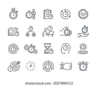 Clock icons collection. Minimalistic stickers with alarm clock, deadline, working time and pastime. Metaphor for time management. Cartoon flat vector set of illustrations isolated on white background