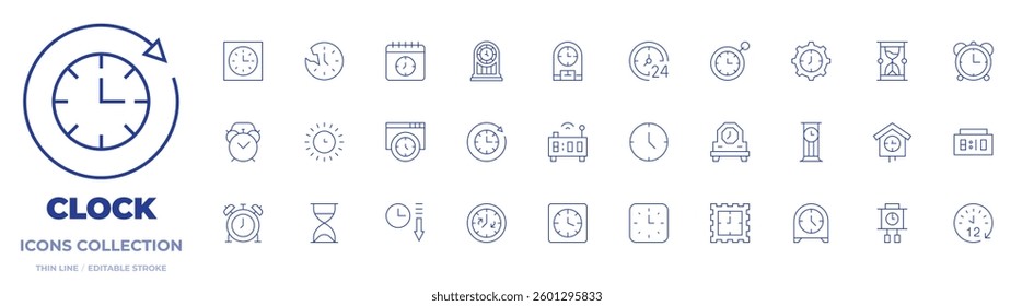 Clock icons collection. Thin Line icons, editable stroke. alarm clock, clock, sun, hourglass, time, decrease, desk, sand, smart, schedule.
