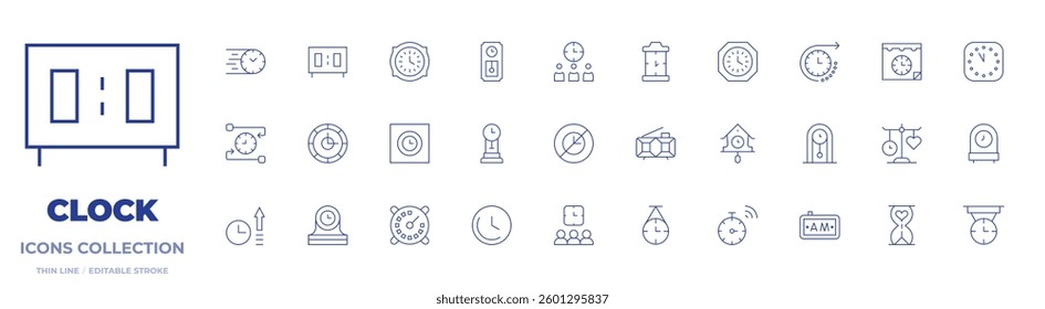 Clock icons collection. Thin Line icons, editable stroke. time management, immediate, increase, wall, desk, alarm, time lapse.