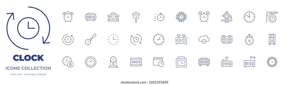 Clock icons collection. Thin Line icons, editable stroke. wristwatch, alarm clock, chess, cuckoo, working hours, schedule, earth hour,