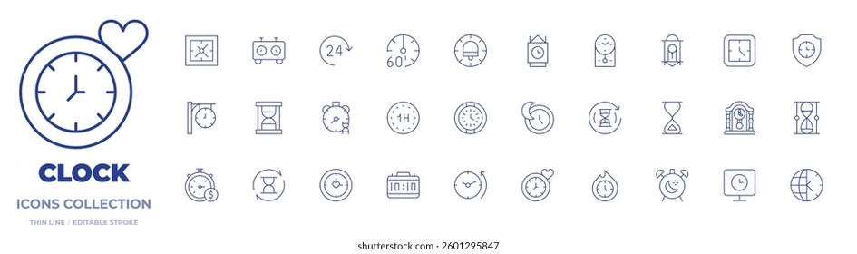 Clock icons collection. Thin Line icons, editable stroke. time, long term, digital, wall, hours, deadline, sleeping, time zone.