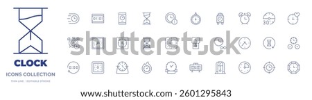 Clock icons collection. Thin Line icons, editable stroke. time, alarm, coming soon, fast time, delay, clock, digital, wall, minutes, sand.