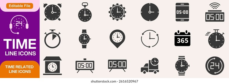 Clock Icons Collection Time Related Symbols in Black and White