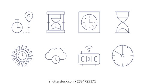 Clock icons. Editable stroke. Containing timer, clock, digital clock, hourglass, cloud storage.