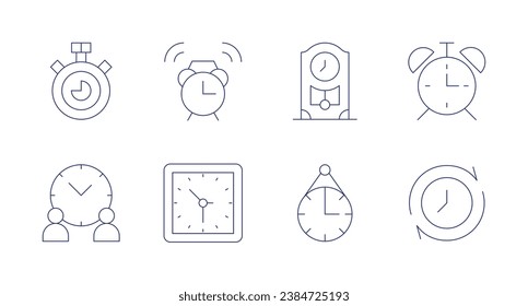 Iconos de reloj. Trazo editable. Con cronómetro, gestión de tiempo, reloj de pared, reloj, despertador, hora.