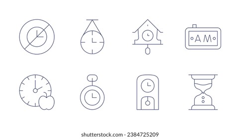 Clock icons. Editable stroke. Containing no time, break time, cuckoo clock, wall clock, pocket watch, morning, hourglass. svg