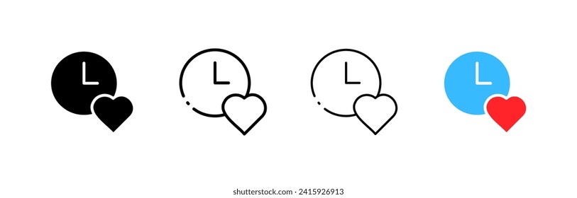 Clock icons with heart set. Line, heart icons on the clock. Vector icons