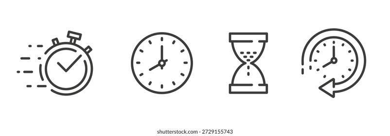 Iconos del reloj, conjunto de iconos de reloj, cronómetro, reloj de arena, concepto de tiempo, Arte vectorial de línea