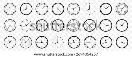 Clock icons in minimal black style. Different time indicators with clean round shapes. Useful for apps, UI and schedule