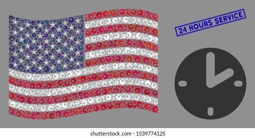 Clock icons are organized into American flag collage with blue rectangle distressed stamp seal of 24 Hours Service text. Vector composition of American waving flag is organized with clock items.