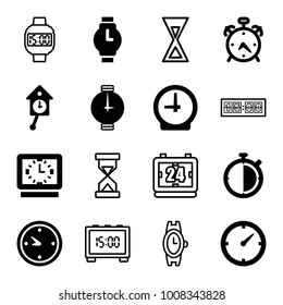 Clock icons. set of 16 editable filled and outline clock icons such as alarm, wrist watch, pendulum, stopwatch, wrist dial watch