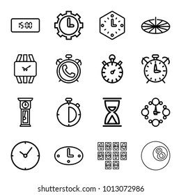 Clock icons. set of 16 editable outline clock icons such as alarm, hourglass, stopwatch, wrist watch, sundial