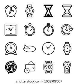 Clock icons. set of 16 editable outline clock icons such as hourglass, clock, stopwatch, wallet, time, wrist watch, wrist watch for woman, wrist dial watch, sundial, pendulum