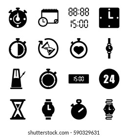 clock icons set. Set of 16 clock filled icons such as stopwatch, hourglass, wrist watch, digital time, 24 hours