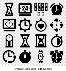 Clock icons set. set of 16 clock filled icons such as wrist watch, stopwatch, hourglass, pendulum