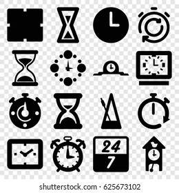Clock icons set. set of 16 clock filled icons such as hourglass, metronome, 24 7 hour, alarm