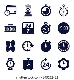 Clock icons set. set of 16 clock filled icons such as 24 hours, hourglass, stopwatch, time, wrist watch for woman, 24 7 hour