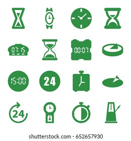 Clock icons set. set of 16 clock filled icons such as 24 hours, wrist watch, hourglass, sundial, pendulum, alarm