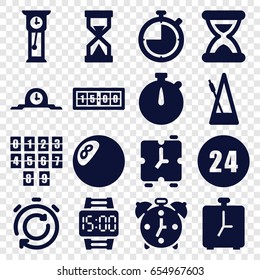 Clock icons set. set of 16 clock filled icons such as metronome, hourglass, wrist dial watch, 24 hours, pendulum, alarm