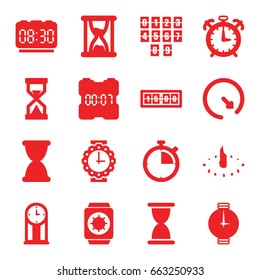 Clock icons set. set of 16 clock filled icons such as wrist watch for woman, wrist watch, sundial, wrist watch with sun, hourglass, pendulum, alarm