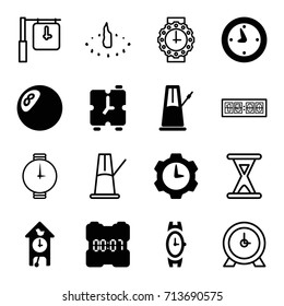 Clock icons set. set of 16 clock filled and outline icons such as wrist watch, pendulum, alarm, hourglass, wrist watch for woman