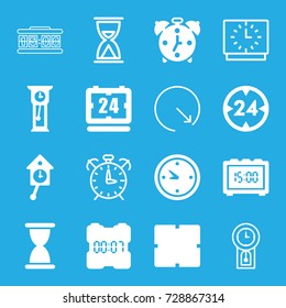 Clock icons set. set of 16 clock filled and outline icons such as 24 hour, pendulum, alarm