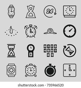Clock icons set. set of 16 clock filled and outline icons such as hourglass, pendulum, stopwatch, wrist watch, sundial, wrist watch with sun, 24 hours