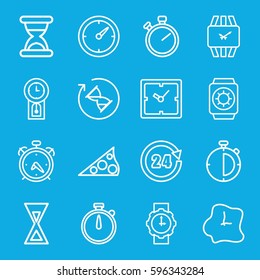 clock icons set. Set of 16 clock outline icons such as alarm, 24 hours, wrist watch for woman, wrist watch, sundial, wrist watch with sun, hourglass, pendulum