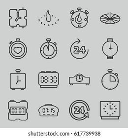 Clock icons set. set of 16 clock outline icons such as 24 hours, stopwatch, 24 support, wrist watch, sundial
