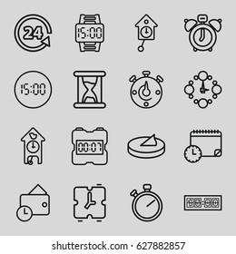 Clock icons set. set of 16 clock outline icons such as 24 support, wallet, wrist dial watch, sundial, hourglass, pendulum, alarm