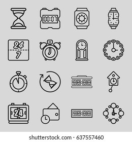Clock icons set. set of 16 clock outline icons such as hourglass, wallet, wrist watch, wrist watch with sun, 24 7 hour, pendulum