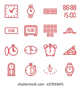 Clock icons set. set of 16 clock outline icons such as wrist watch, digital time, sundial, pendulum, stopwatch