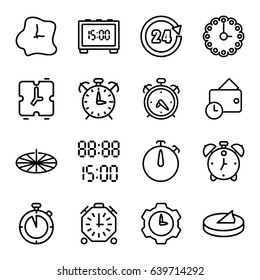 Clock icons set. set of 16 clock outline icons such as alarm, 24 hours, wallet, digital time, sundial