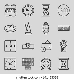 Clock icons set. set of 16 clock outline icons such as metronome, wallet, wrist watch, sundial, hourglass, pendulum