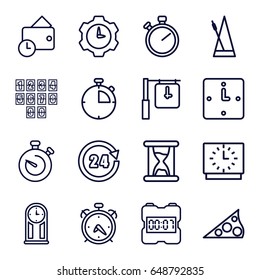 Clock icons set. set of 16 clock outline icons such as alarm, metronome, stopwatch, 24 hours, wallet, sundial, hourglass