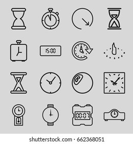 Clock icons set. set of 16 clock outline icons such as time, hourglass, wrist watch, sundial, pendulum, alarm