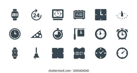 Clock icons. set of 18 editable filled clock icons: 24 hours, bell, wrist watch, wrist dial watch, sundial, alarm