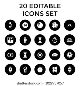 Clock icons. set of 20 editable filled clock icons such as hourglass, stopwatch, wrist watch, wrist dial watch, 24 hours. best quality clock elements in trendy style.