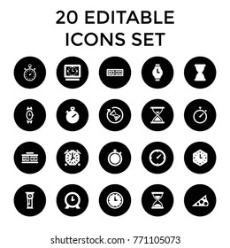 Clock icons. set of 20 editable filled clock icons such as wrist watch, hourglass, stopwatch, sundial