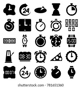 Clock icons. set of 25 editable filled clock icons such as 24 hours, wrist watch, stopwatch, wrist dial watch, sundial, hourglass, pendulum