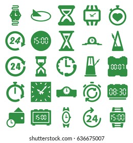 Clock icons set. set of 25 clock filled icons such as 24 hours, wrist watch, stopwatch, metronome, wallet, hourglass, wrist dial watch, sundial