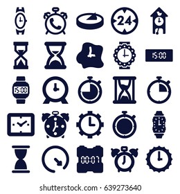 Clock icons set. set of 25 clock filled icons such as alarm, wrist watch, wrist watch for woman, wrist dial watch, sundial, 24 hour, hourglass