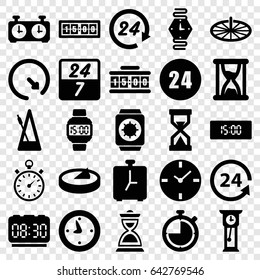 Clock icons set. set of 25 clock filled icons such as 24 support, hourglass, metronome, stopwatch, wrist watch, wrist dial watch, sundial, wrist watch with sun, 24 hours