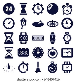 Clock icons set. set of 25 clock filled icons such as alarm, hourglass, stopwatch, bell, wrist watch for woman, wrist watch, wrist dial watch, sundial, 24 hours