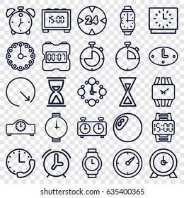 Clock icons set. set of 25 clock outline icons such as wrist watch, wrist dial watch, 24 hour, hourglass, alarm