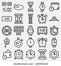 Clock icons set. set of 25 clock outline icons such as alarm, 24 support, stopwatch, wallet, hourglass, wrist watch, digital time, sundial