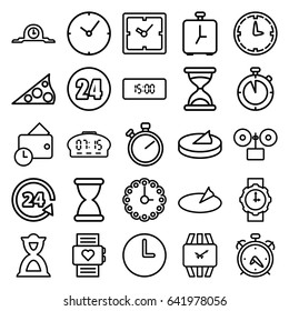 Clock icons set. set of 25 clock outline icons such as alarm, hourglass, 24 support, wallet, wrist watch for woman, wrist watch, sundial, 24 hours, stopwatch
