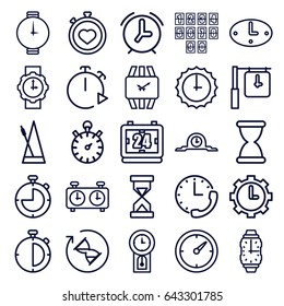 Clock icons set. set of 25 clock outline icons such as stopwatch, metronome, wrist watch for woman, wrist watch, sundial, hourglass, pendulum
